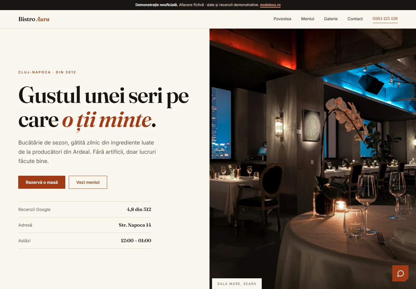 Prima pagină a demo-ului Bistro Aura, un site pentru restaurant