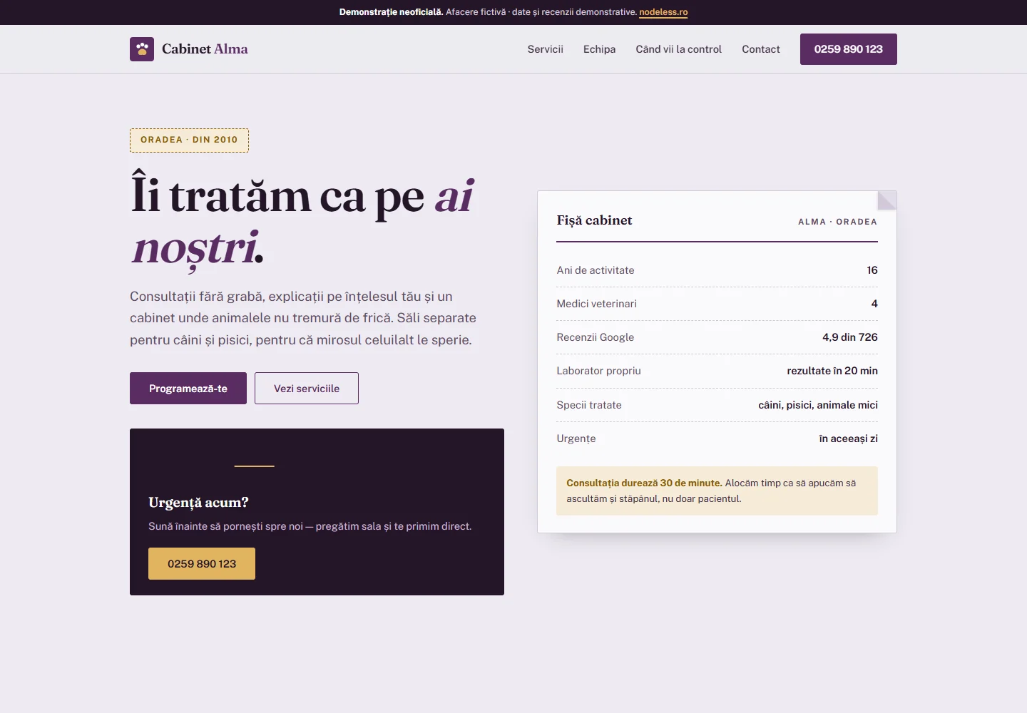 Prima pagină a demo-ului Cabinet Alma, un site pentru cabinet veterinar