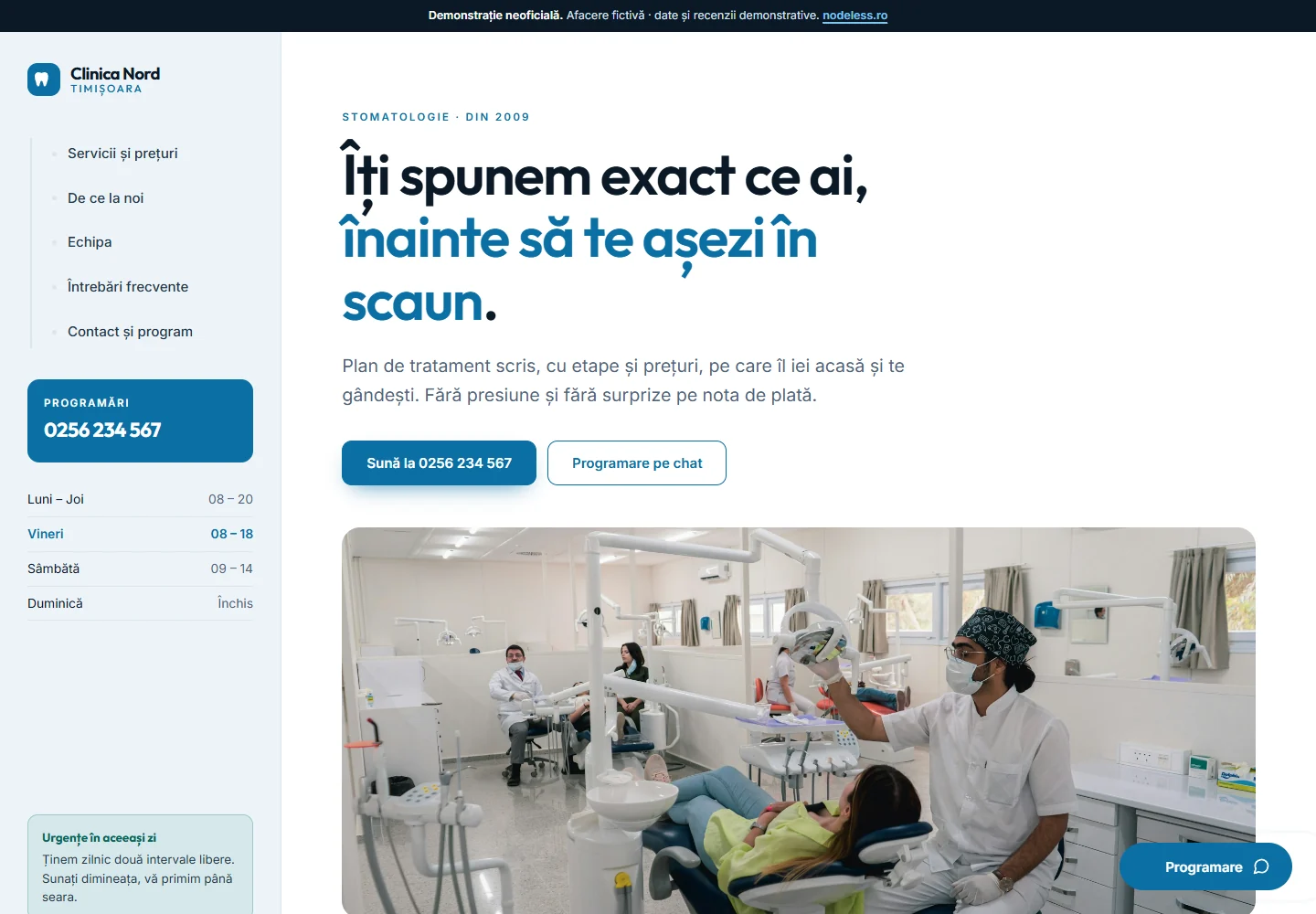 Prima pagină a demo-ului Clinica Nord, un site pentru clinică stomatologică