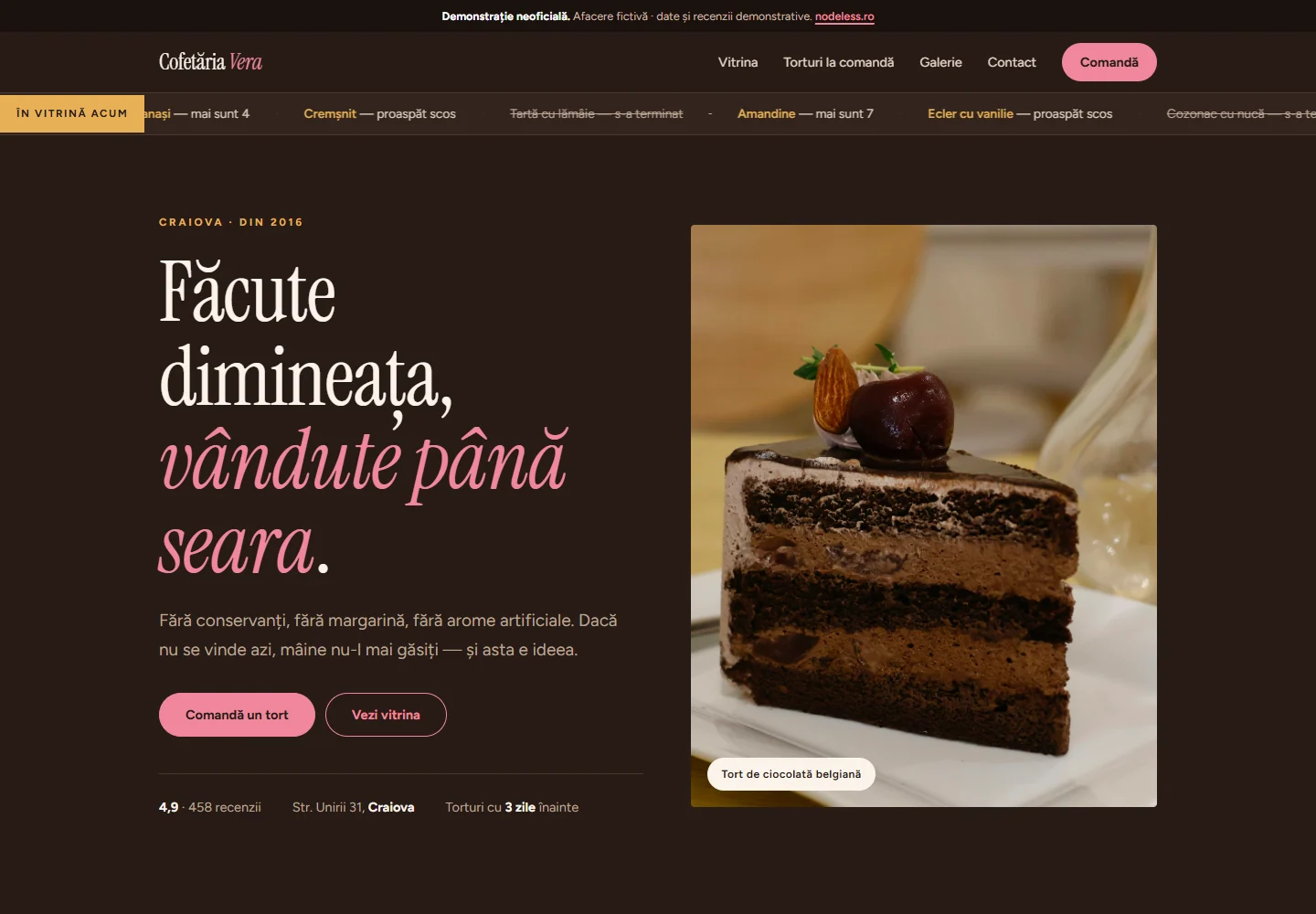 Prima pagină a demo-ului Cofetăria Vera, un site pentru cofetărie