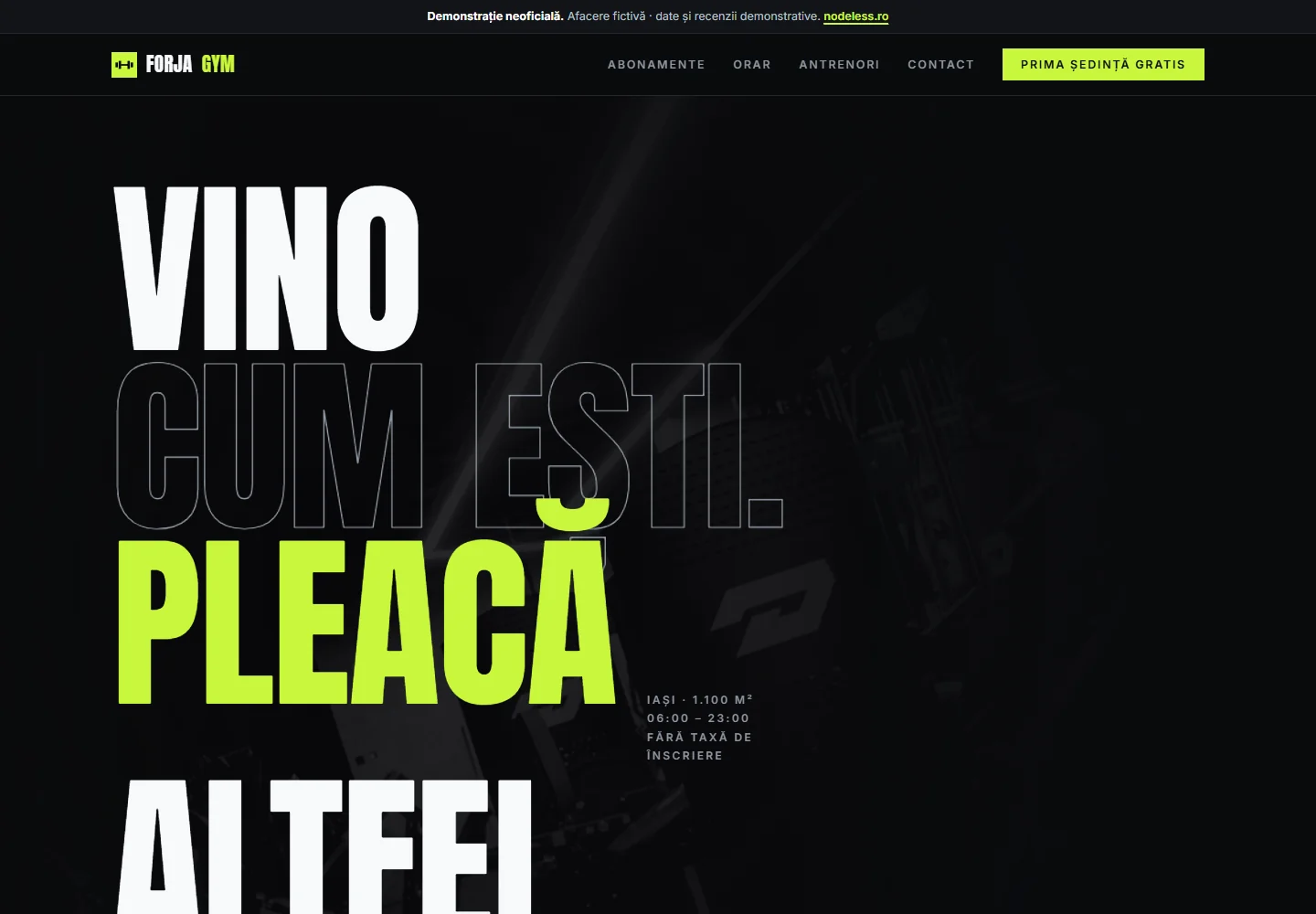 Prima pagină a demo-ului Forja Gym, un site pentru sală de fitness