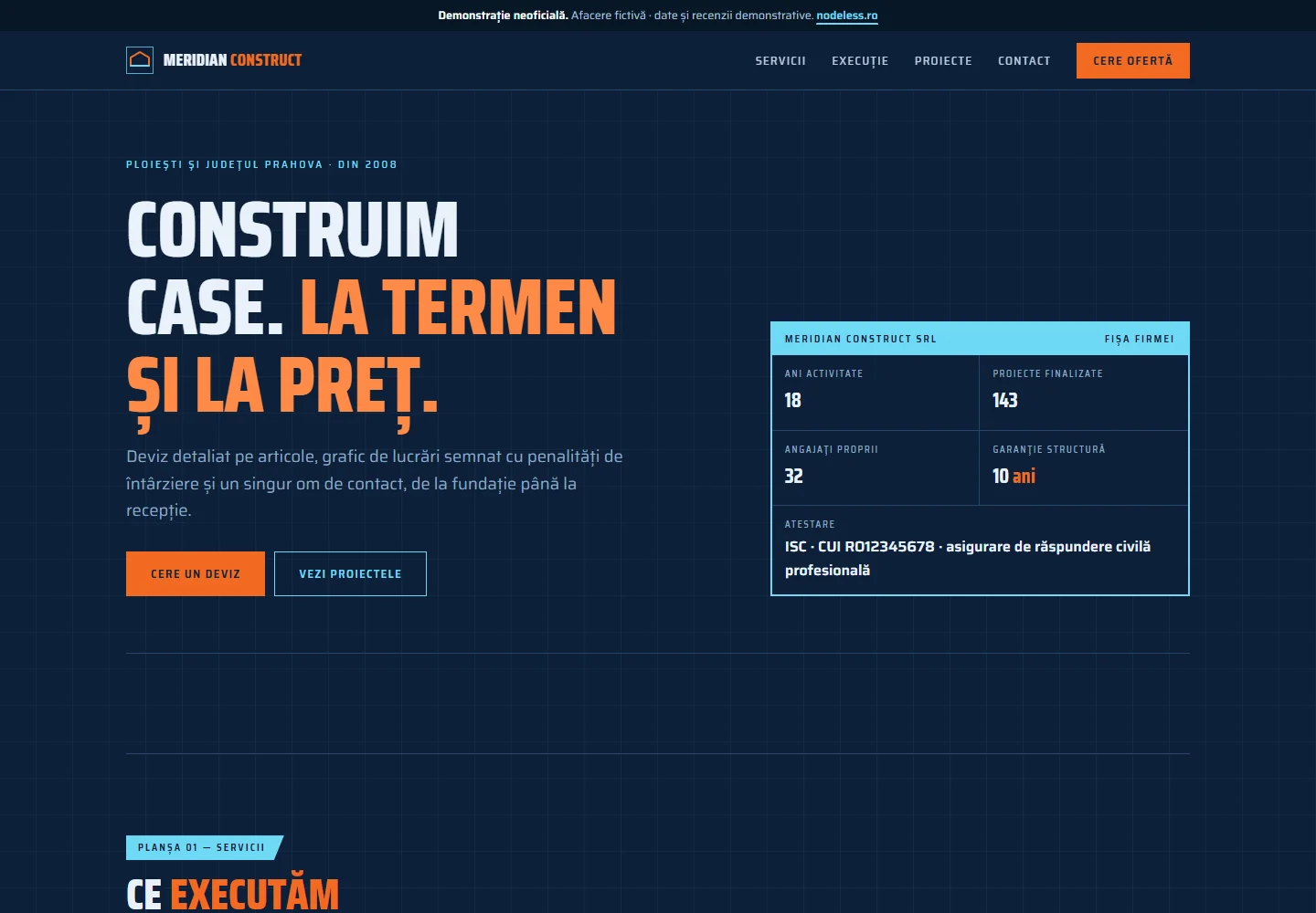 Prima pagină a demo-ului Meridian Construct, un site pentru construcții