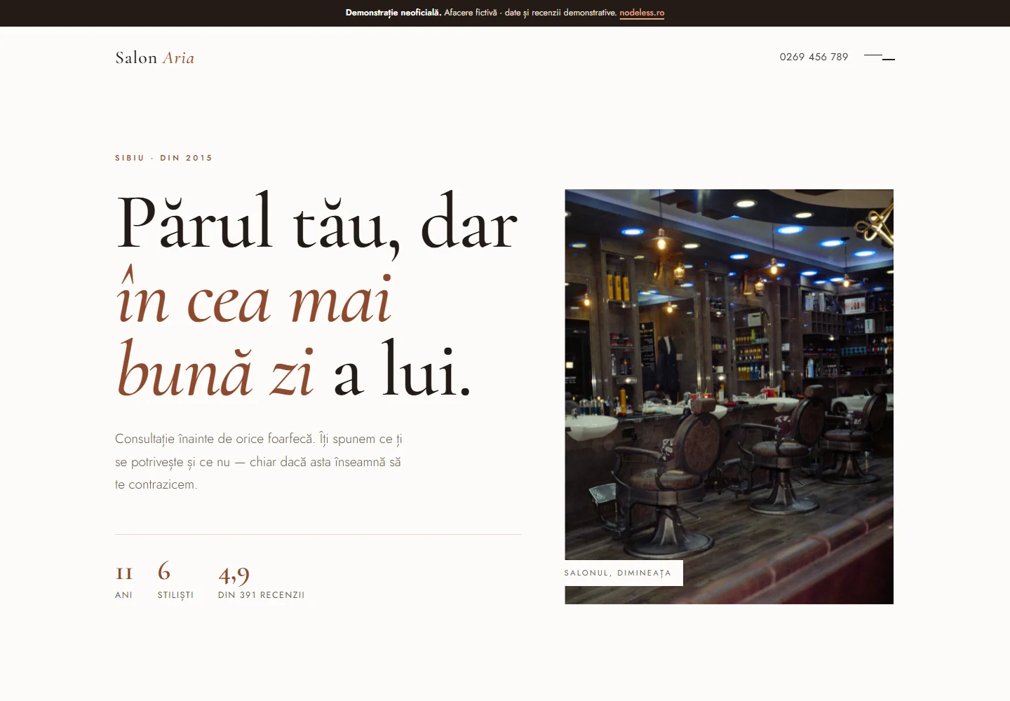 Prima pagină a demo-ului Salon Aria, un site pentru salon de coafură