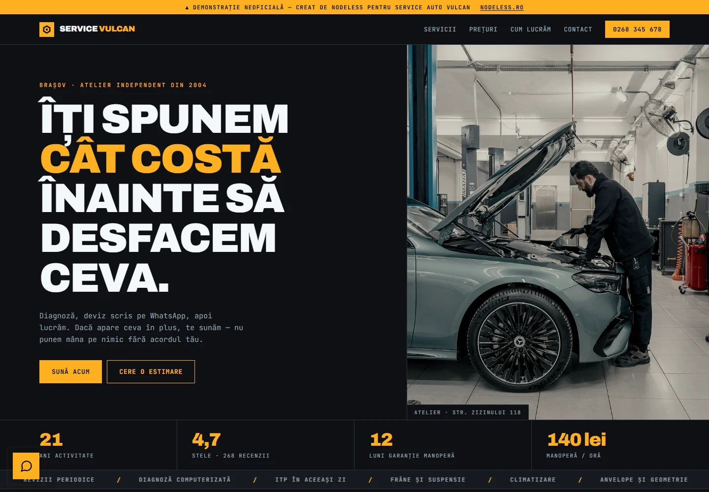 Prima pagină a demo-ului Service Vulcan, un site pentru service auto